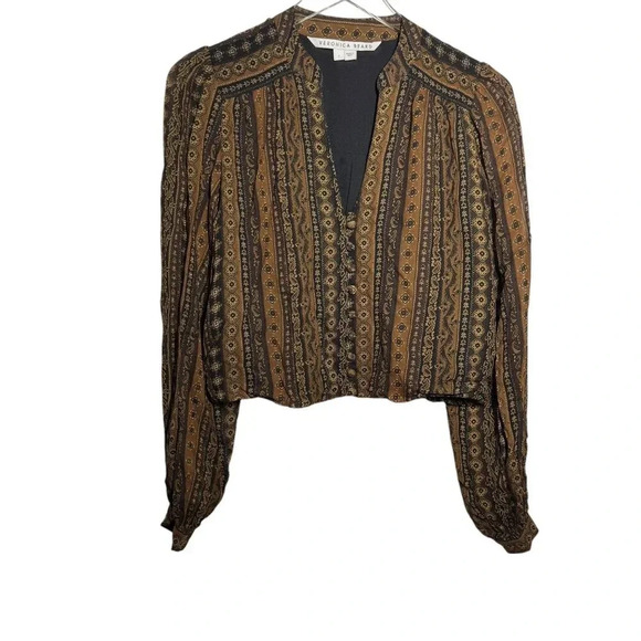 VERONICA BEARD Astro Printed V-neck Blouse size 2 long sleeve brown bronze multi - Picture 1 of 9